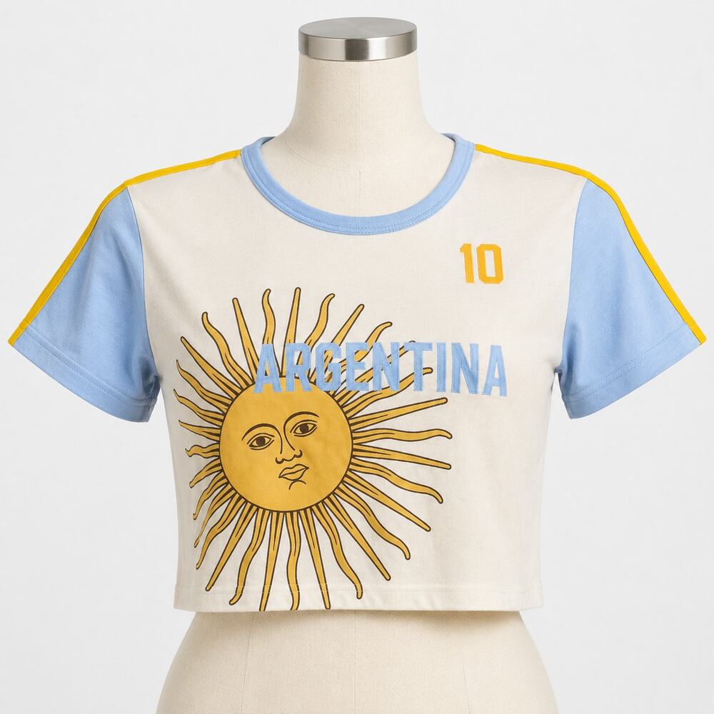 Argentina Graphic Crop T-Shirt Women's Medium White Blue Cotton Blend